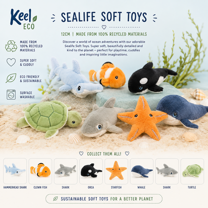 A promotional graphic for Keel Eco Sealife Soft Toys showing several plush sea life toys arranged on sand: a green turtle, blue whale, gray shark, black-and-white orca, orange clownfish, and an orange starfish. Text highlights recycled materials, soft cuddly texture, eco-friendly design, and washability.