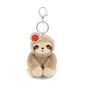 Plush sloth keychain with a tag on a white background
