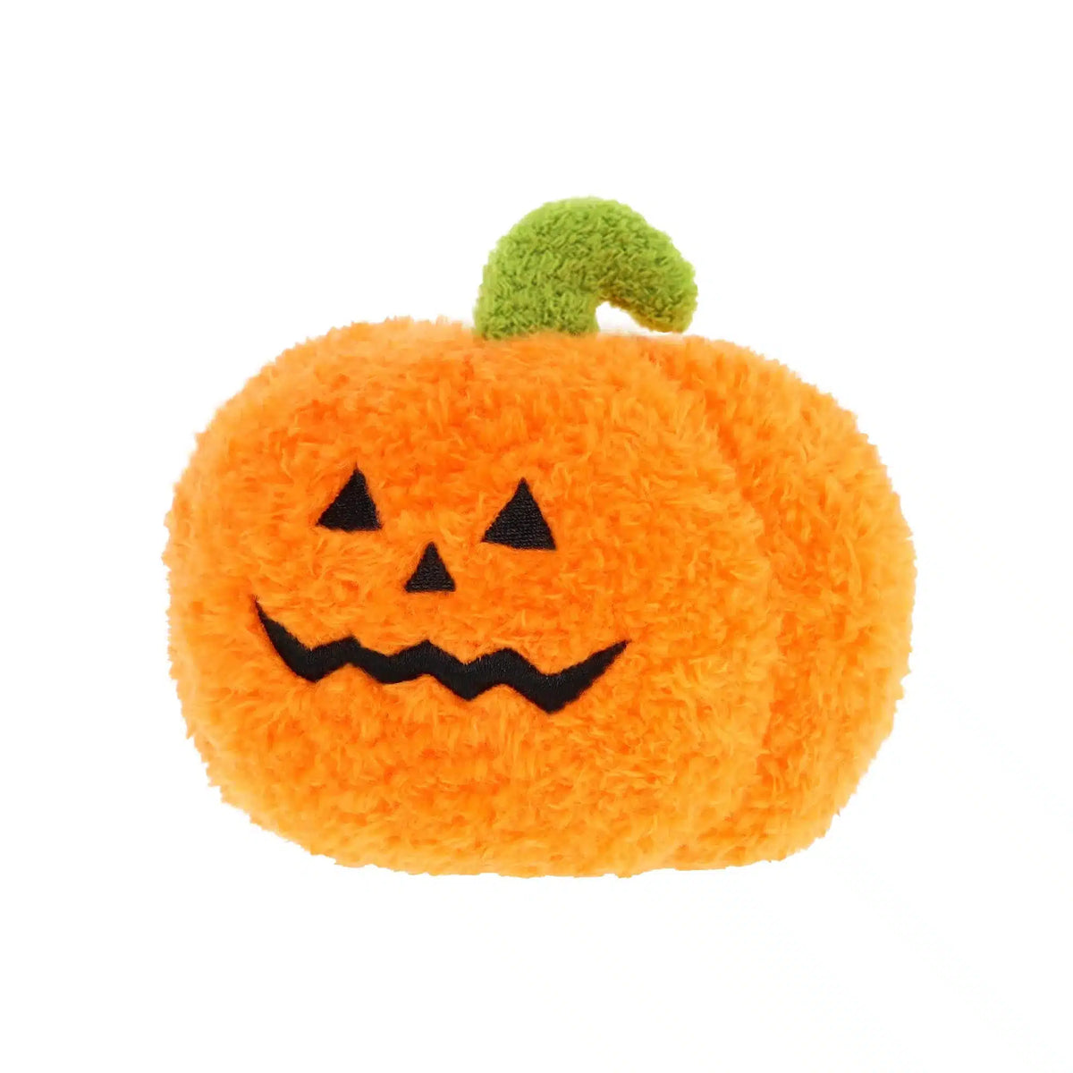 A plush orange pumpkin toy with a green stem and a black embroidered jack-o'-lantern face, shown on a plain white background.