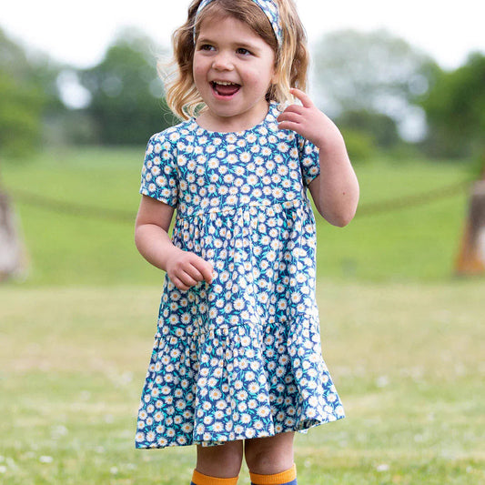 Kite daisy fields organic cotton girls dress with navy daisy print and tiered skirt