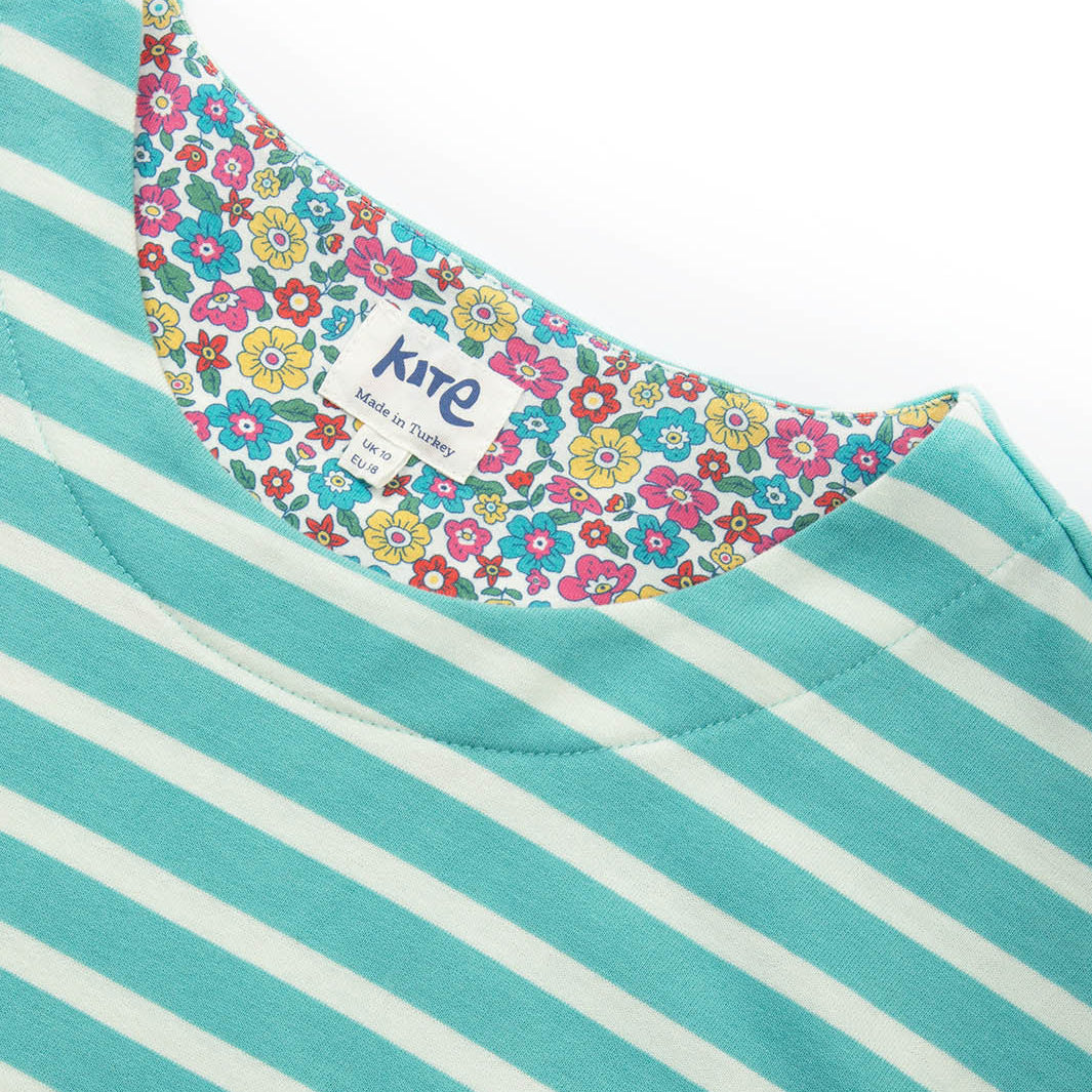 Teal and white striped fabric with floral border and 'kite' brand logo.