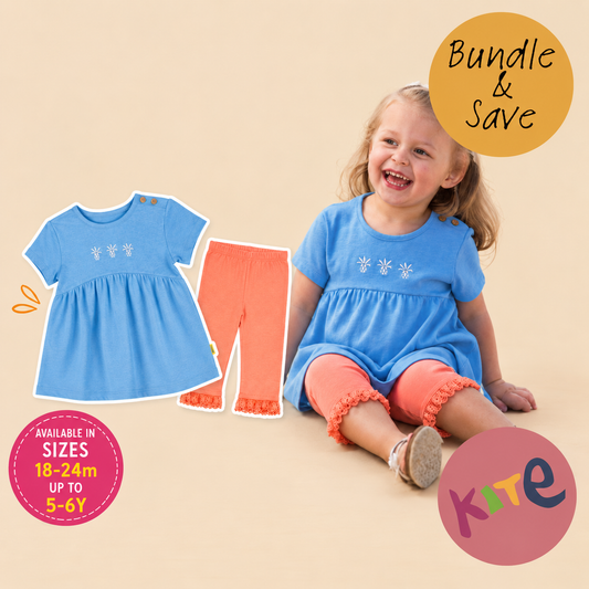 A young child wearing a light blue short-sleeve dress and orange leggings sits on a beige studio background, with the same outfit shown as a flat product layout on the left. Promotional text bubbles read 'Bundle & Save' and 'Available in sizes 18-24m up to 5-6y.