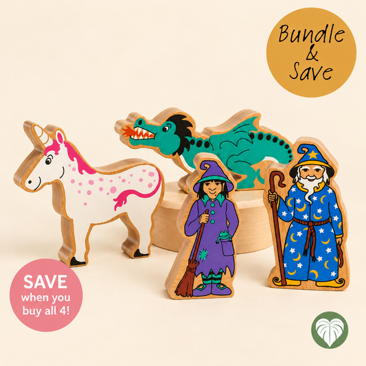 Four handcrafted wooden toy figures on a warm cream background: a white unicorn with pink and gold details, a green dragon, a purple-robed witch holding a broom, and a blue wizard with stars and crescent moon details. A gold circle says 'Bundle & Save', a pink circle says 'SAVE when you buy all 4!', and a small green leaf logo appears at bottom right.