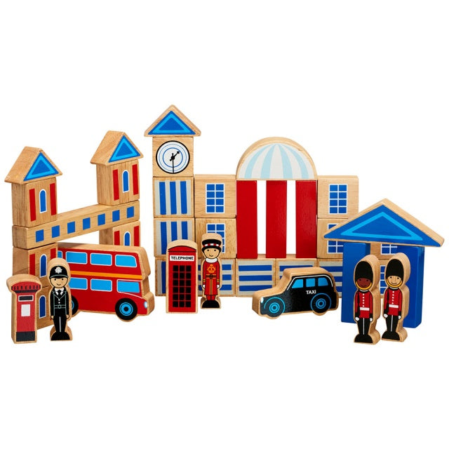 Wooden toy set with London-themed buildings and figures on a white background