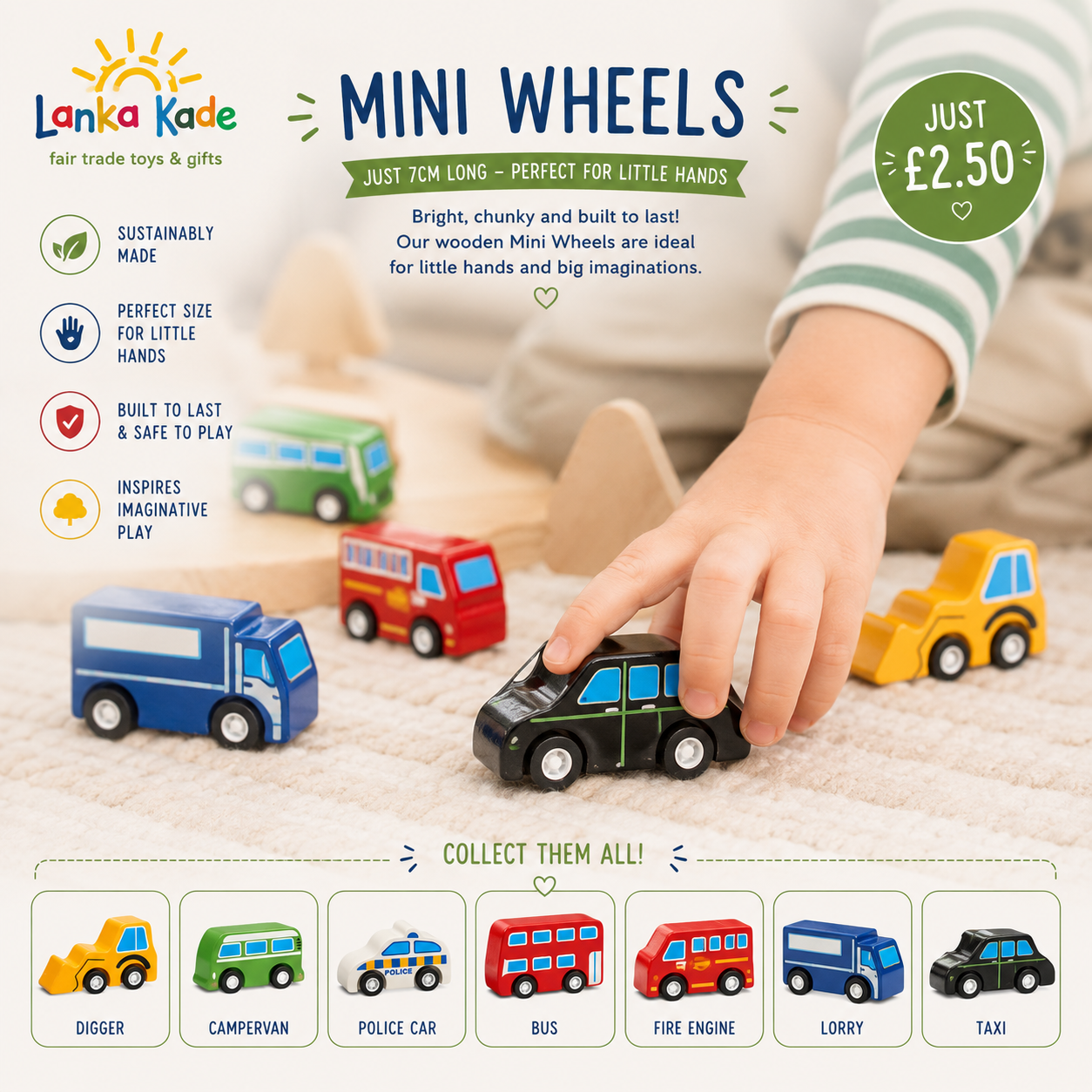 Lanka Kade Mini Wheels Wooden Vehicles – Fair Trade Wooden Toy Cars & Emergency Vehicles - Mini Wheels