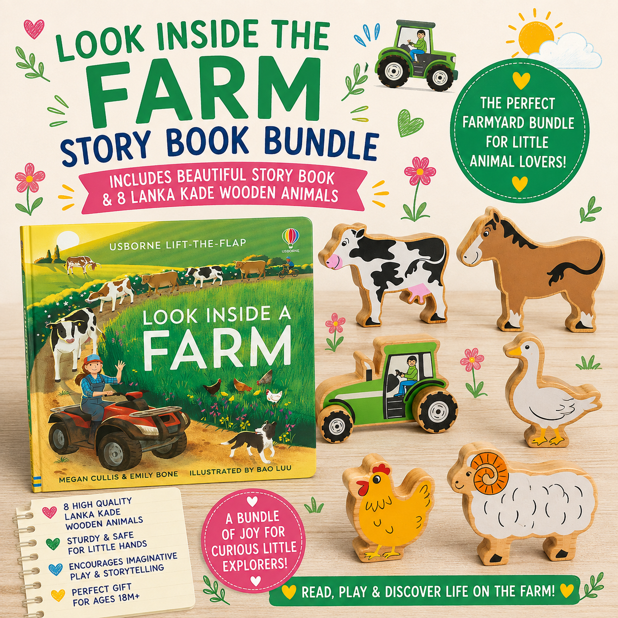 Farm-themed story book bundle cover and wooden farm animal toys arranged on a light wood surface. Visible text includes 'Look Inside the Farm Story Book Bundle,' 'Includes Beautiful Story Book & Lanka Kade Wooden Animals,' and 'The Perfect Farmyard Bundle for Little Animal Lovers.
