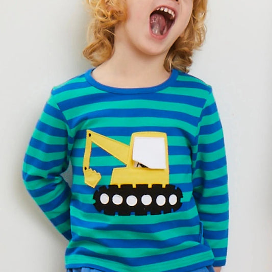 Toby Tiger Long Sleeve Top, Blue/Green Striped Digger