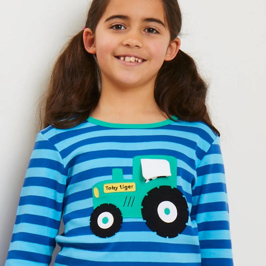 Toby Tiger Long Sleeve Blue/Green Striped Tractor Top