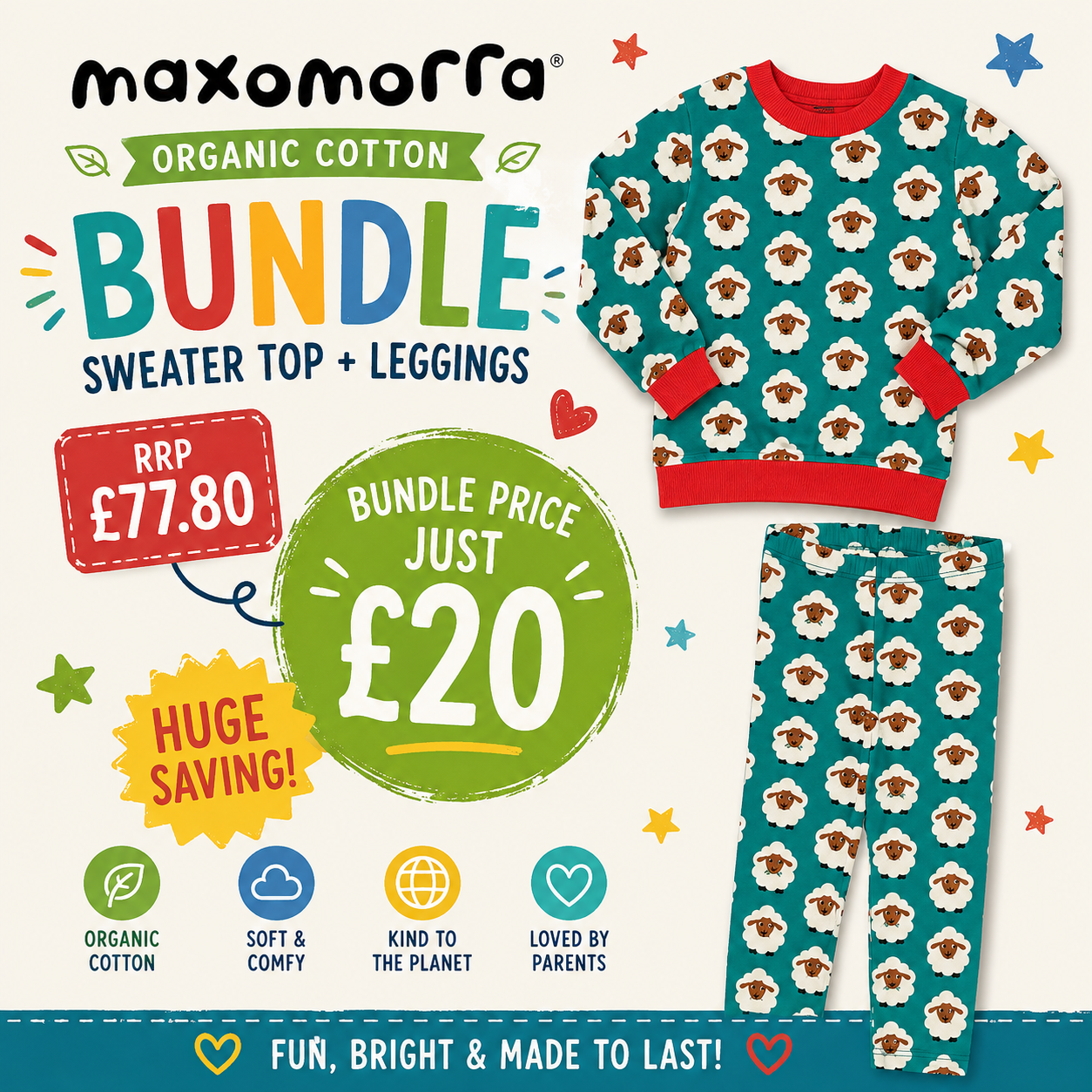 Maxomorra organic cotton bundle of a sweater top and leggings set in teal with a brown and white cow print, featuring red trim, shown with promotional text and price badges on a light cream background.