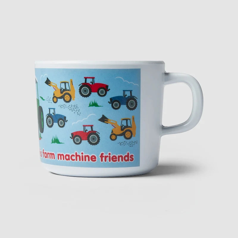 Mug with farm machine illustrations on a light gray background