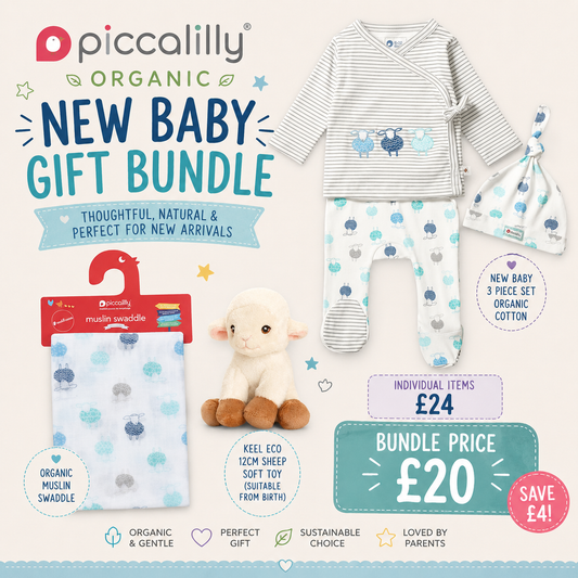 Piccalilly Organic New Baby Gift Bundle featuring a 3-piece cotton outfit in light blue and white, a muslin swaddle, a plush sheep toy, and a beanie, displayed on a light beige background with promotional text.