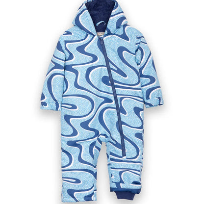 A light blue and navy blue patterned hooded one-piece baby snowsuit with a front zipper, shown against a plain white background.