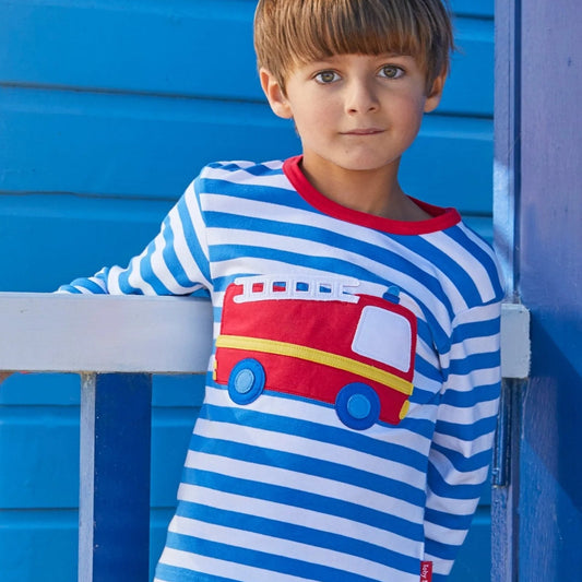 Organic fire engine applique long sleeve children’s t-shirt made from GOTS organic cotton