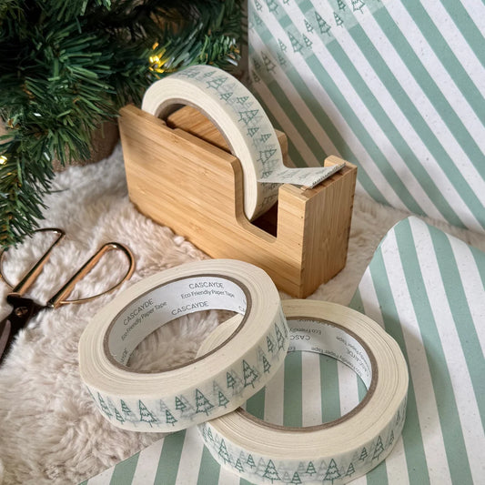 Eco-Friendly White Paper Tape – 50m, Green Fir Trees
