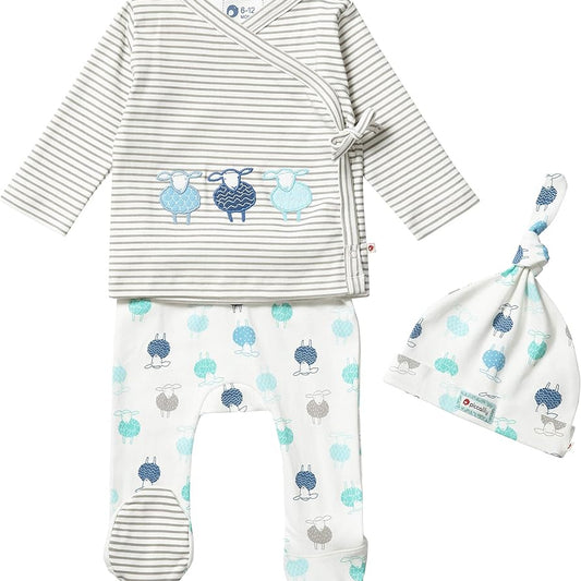 Piccalilly Sheep 3 Piece Outfit – Organic Cotton Baby Set with Top, Bottoms and Hat