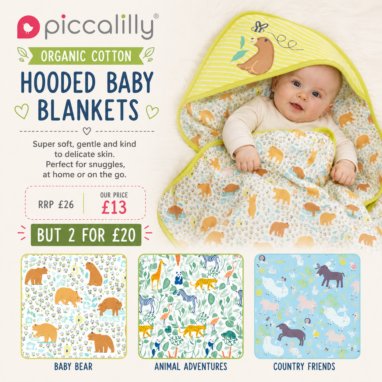 Piccalilly Organic Cotton Hooded Baby Blanket – Soft Organic Baby Wrap