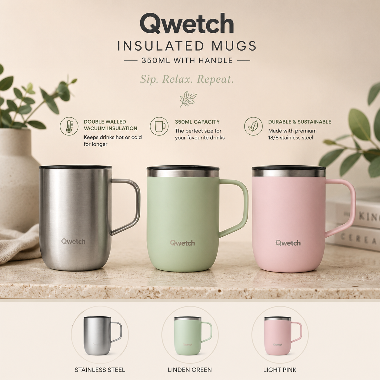 Recycled Stainless Steel Insulated Travel Mug 12oz – Reusable Coffee Cup