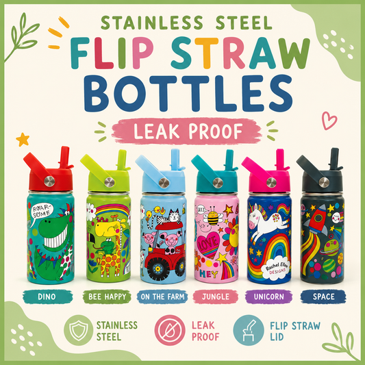 Six colorful stainless steel flip straw bottles with cartoon animal and space-themed prints, displayed on a light cream background with green decorative corners. Large text at the top reads 'STAINLESS STEEL FLIP STRAW BOTTLES' and 'LEAK PROOF', with labels underneath each bottle including Dino, Bee Happy, On the Farm, Jungle, Unicorn, and Space.