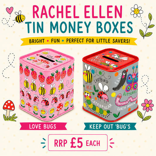 Two colorful children's tin money boxes with butterfly and bug illustrations, shown on a light cream background with decorative doodles and text reading 'RACHEL ELLEN TIN MONEY BOXES' and 'RRP £5 EACH'.