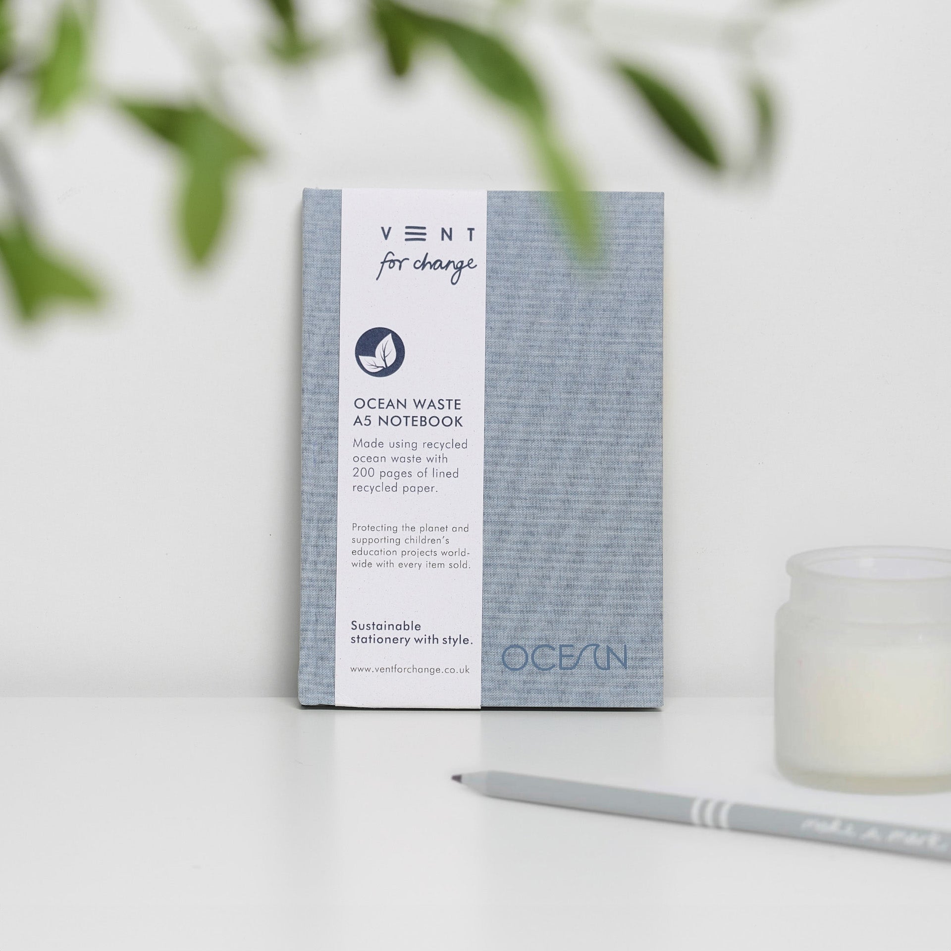 A5 notebook made from recycled ocean plastic in ocean blue