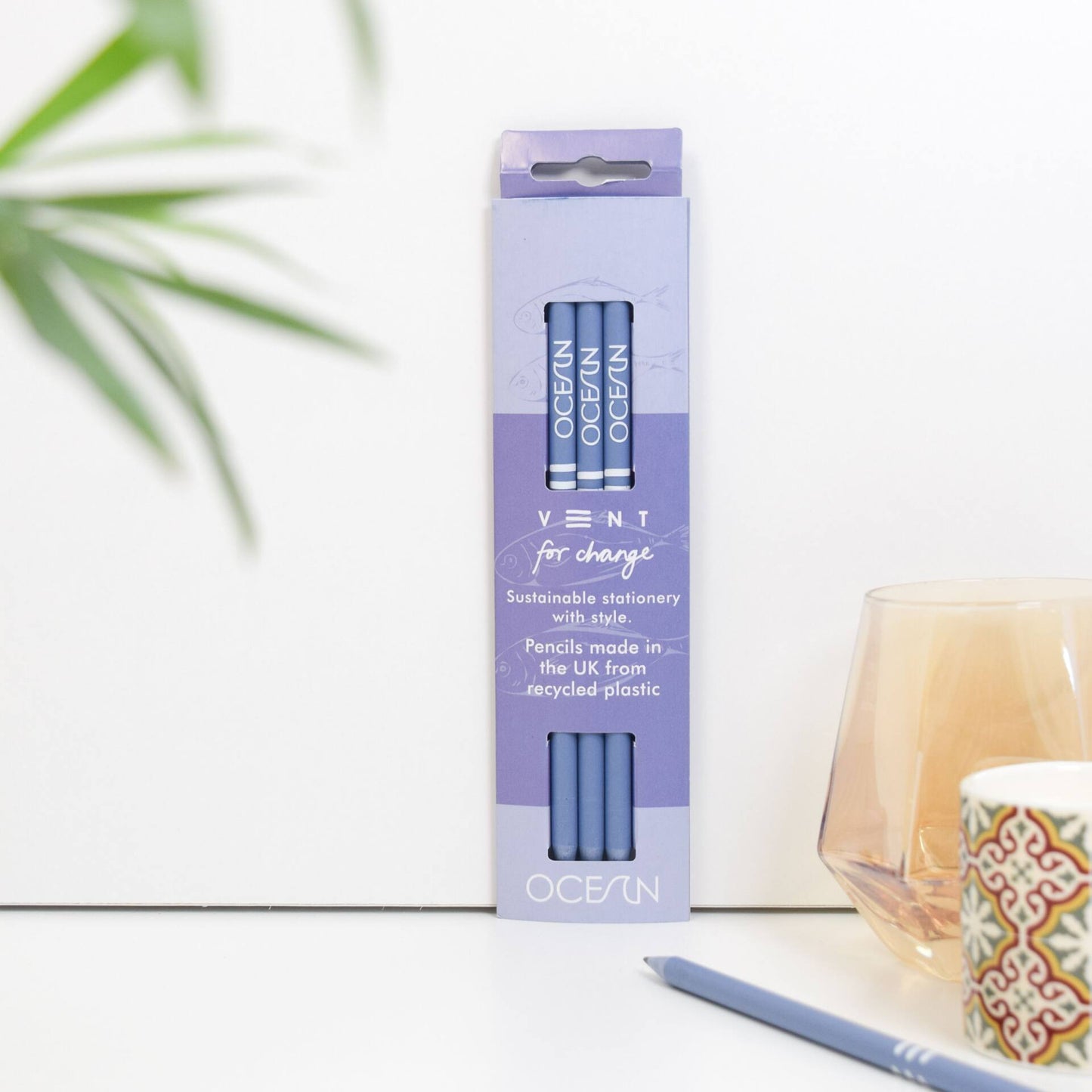 Vent For Change Recycled Pencils (Pack of 3) – Eco-Friendly Ocean Range Pencils - Sea Blue