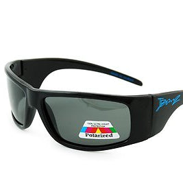 Black wrap-around sunglasses with dark tinted lenses and a blue script logo on the temple arm, shown on a white background.