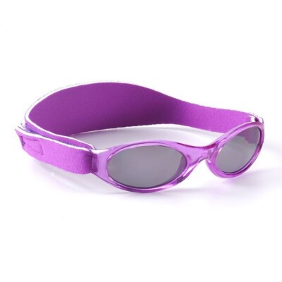 Purple kids' sunglasses with a matching elastic headband and gray lenses, shown on a white background.