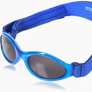 Blue children's swim goggles with a wide adjustable elastic strap and dark gray lenses, shown on a white background.