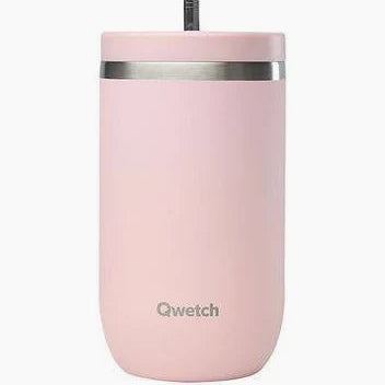 A light pink Qwetch insulated tumbler with a matching pink lid and a black straw, shown against a plain white background.