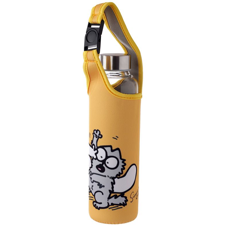 Yellow water bottle holder with a cartoon cat design on a white background