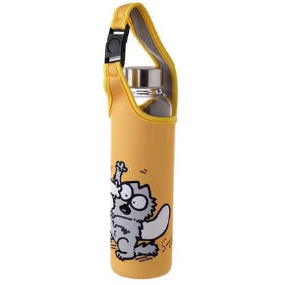 Yellow water bottle holder with a cartoon cat design on a white background