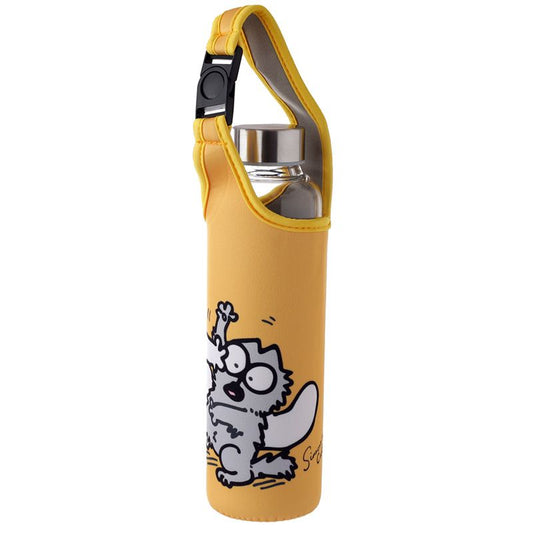 Yellow water bottle holder with a cartoon cat design on a white background