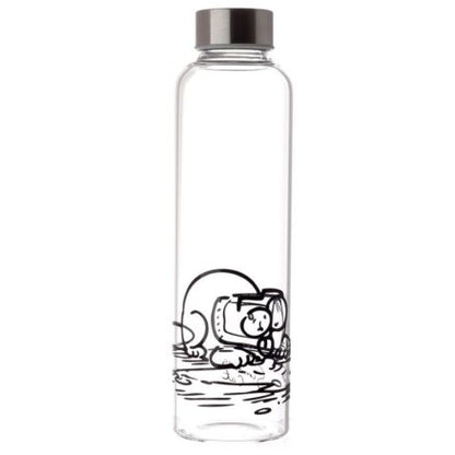 A clear glass water bottle with a dark gray screw cap, featuring a black line art illustration of a cartoon character in a diving helmet on the lower half, set against a plain white background.