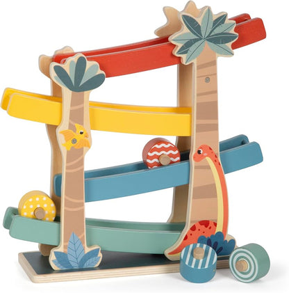 A colorful wooden toy race track with dinosaur and bird illustrations, featuring multiple levels, rolling balls, and wheels on a white background.