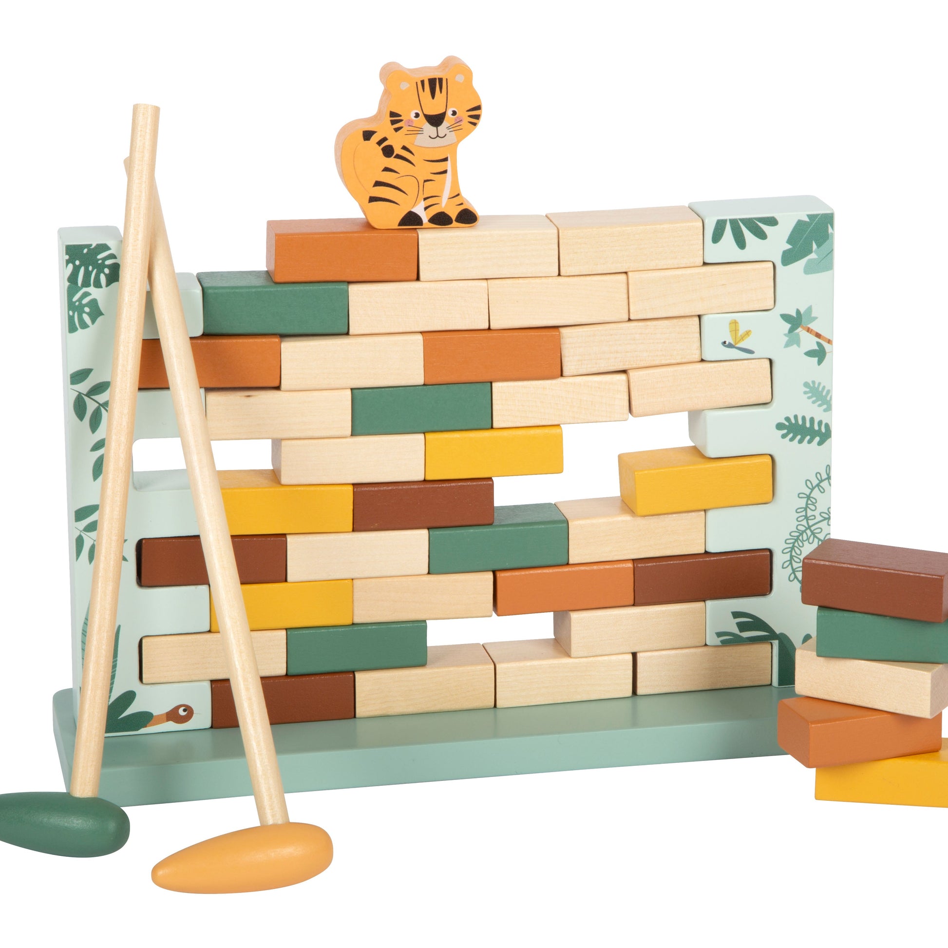 Colorful wooden block tower with a tiger figurine on top, set against a white background.