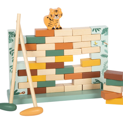 Colorful wooden block tower with a tiger figurine on top, set against a white background.