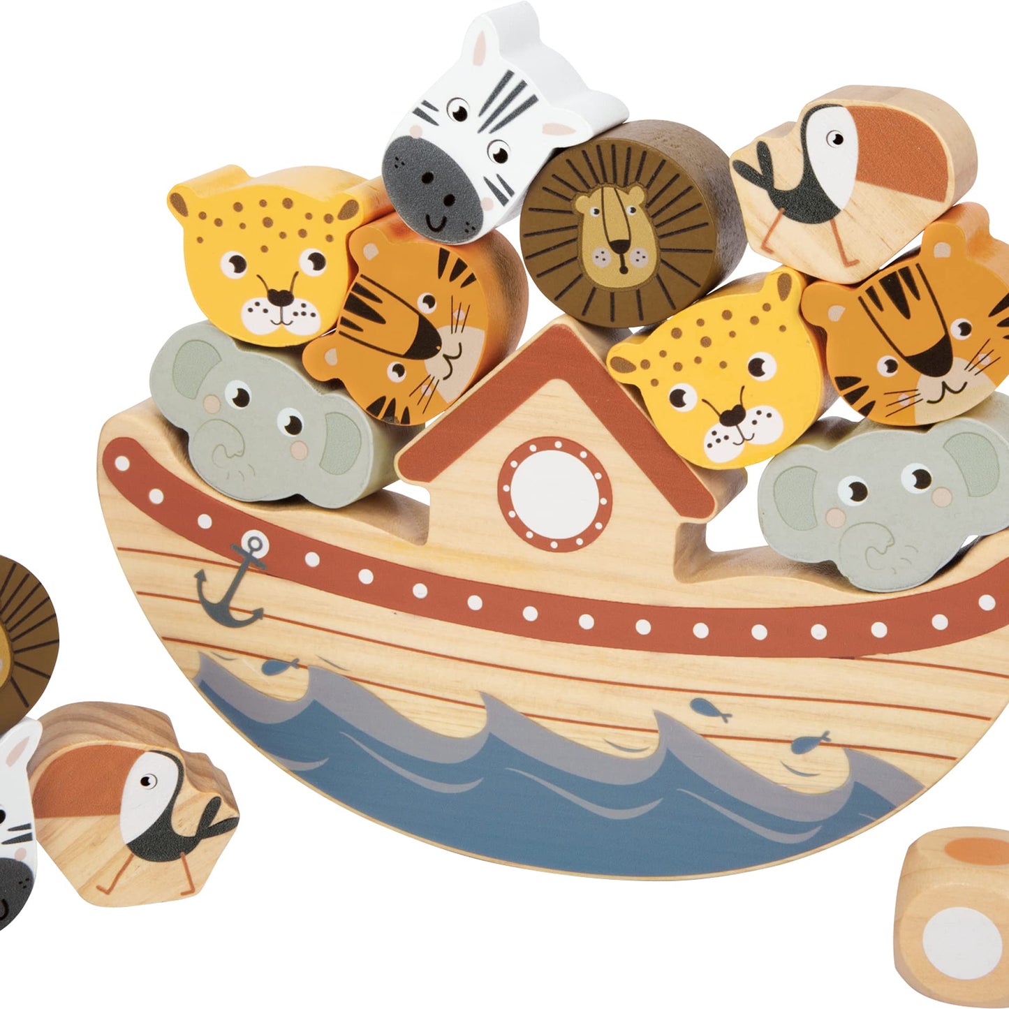 Wooden toy Noah's Ark with animal figures on a white background