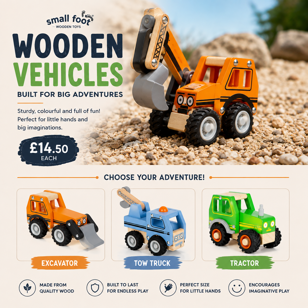 Promotional product graphic for Small Food Wooden Toys' wooden vehicles, featuring an orange excavator toy in a sandy outdoor setting above three smaller toy vehicles: an excavator, a tow truck, and a tractor. Text highlights 'Wooden Vehicles' and pricing at £14.