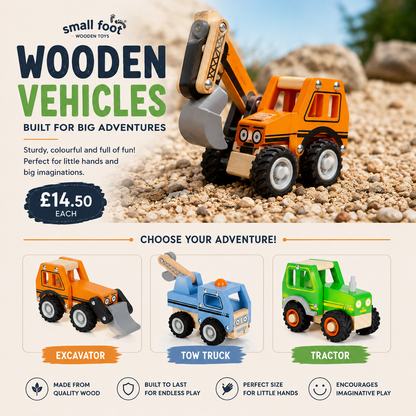 Promotional product graphic for Small Food Wooden Toys' wooden vehicles, featuring an orange excavator toy in a sandy outdoor setting above three smaller toy vehicles: an excavator, a tow truck, and a tractor. Text highlights 'Wooden Vehicles' and pricing at £14.