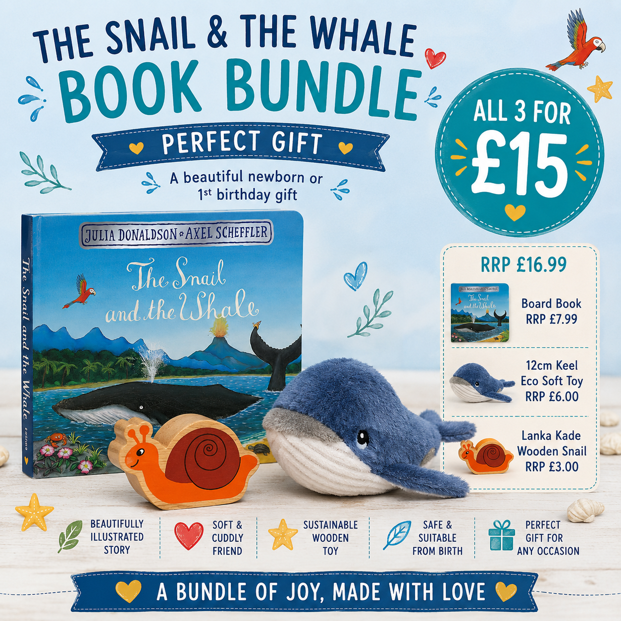 A promotional bundle graphic for 'The Snail & the Whale' book bundle, featuring the hardcover children's book, a plush whale toy, and a wooden snail toy on a light blue beach-themed background with pricing and feature callouts.