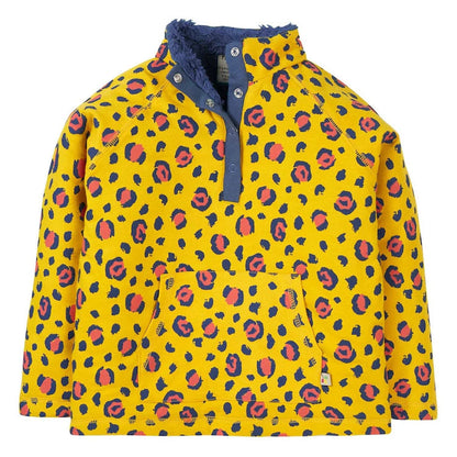 A yellow children's pullover jacket with a blue and pink leopard print pattern, featuring a navy blue collar with faux fur trim and a half-button placket.