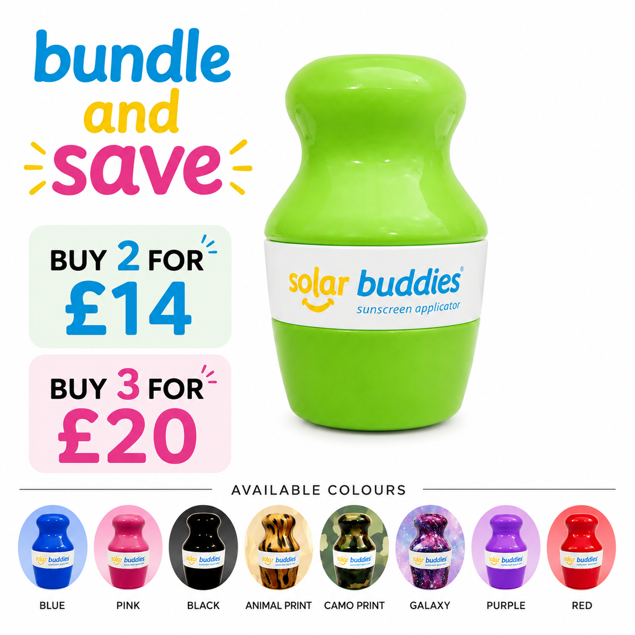 Solar Buddies sunscreen toploader in bright green, shown with promotional text 'bundle and save' and bundle pricing, plus a row of available color options along the bottom.