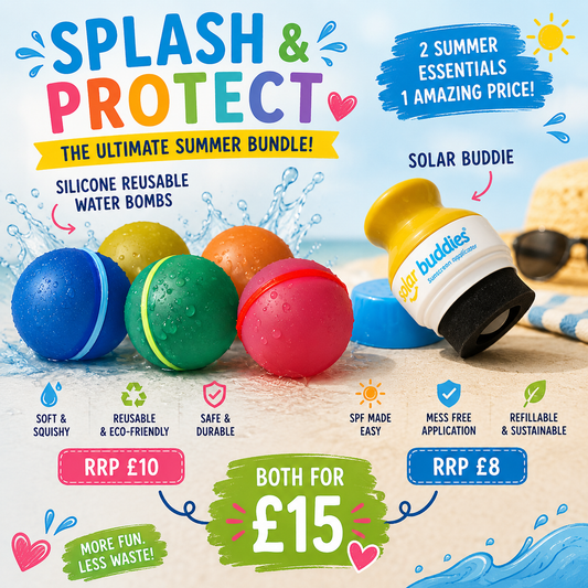 Promotional graphic for a summer bundle featuring colorful reusable water bombs and a yellow-and-white sunscreen bottle labeled 'sun buddies'. The design includes beach-themed elements, pricing text, and marketing copy on a light blue background.