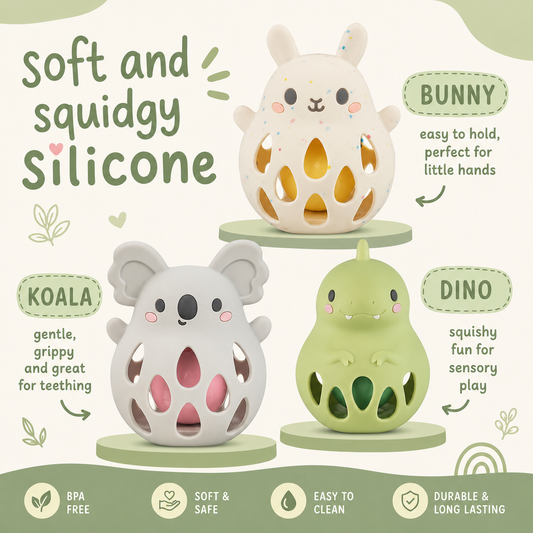 Three silicone teething toys shaped like a bunny, koala, and dinosaur, displayed on a light beige background with green text and feature icons. The products are labeled 'BUNNY', 'KOALA', and 'DINO' with descriptive text.