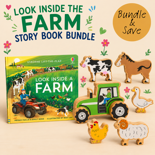 A children's story book bundle featuring the book 'Look Inside a Farm' and wooden farm-themed toys including a green tractor, cow, horse, duck, chicken, sheep, and ram, arranged on a warm beige background with decorative text and a 'Bundle & Save' badge.
