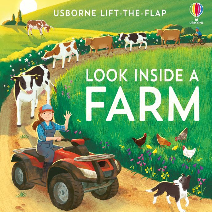 Book cover of 'Look Inside a Farm' by Usborne with illustrations of a farm scene.