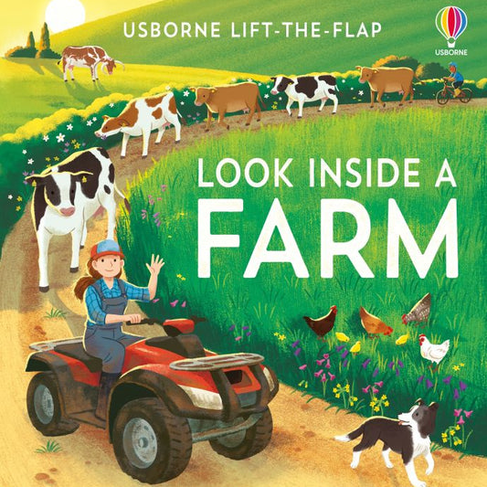 Book cover of 'Look Inside a Farm' by Usborne with illustrations of a farm scene.