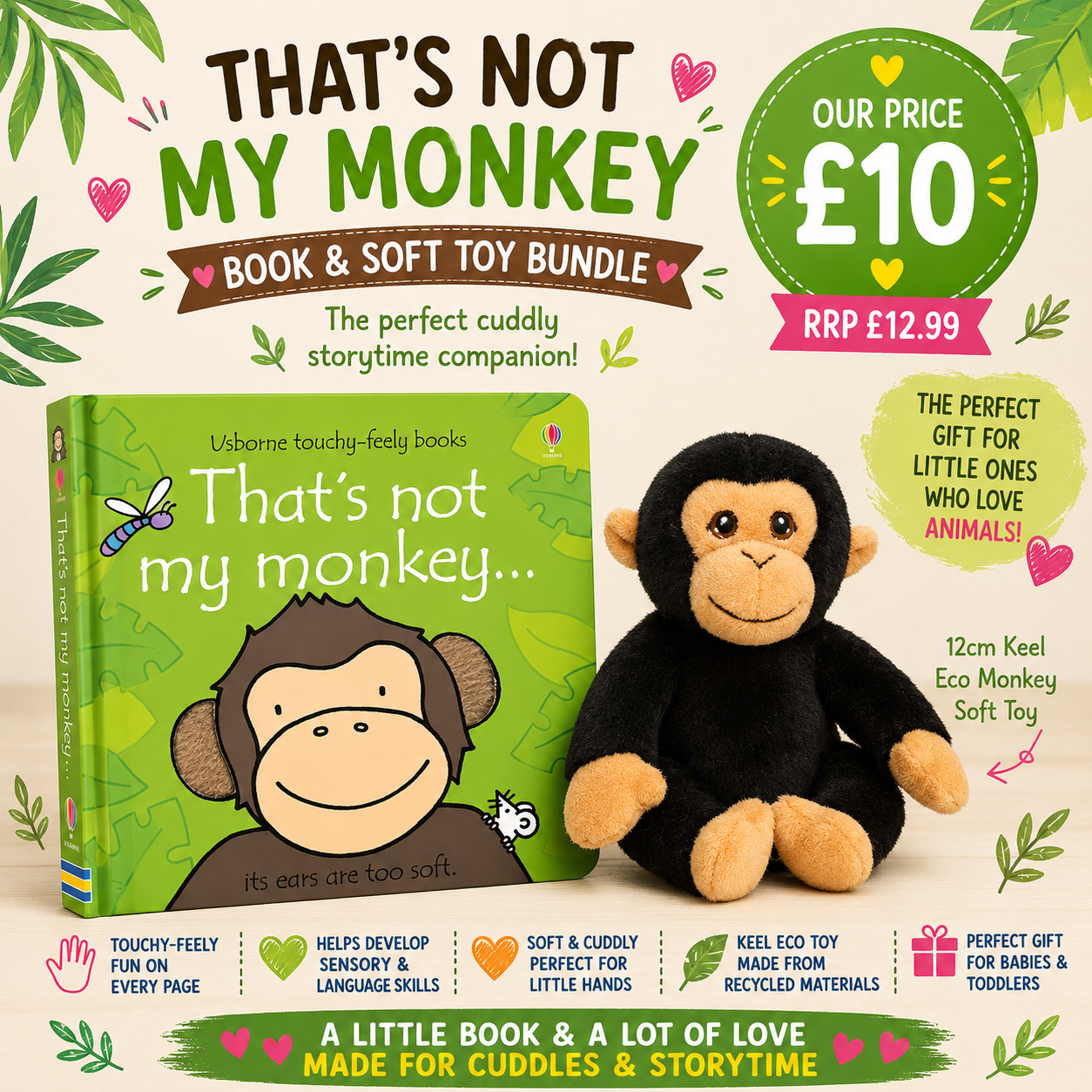 Usborne 'That's not my monkey' book and soft toy bundle displayed on a light wood background with promotional text. The set includes the green children's book with a monkey illustration and a black plush monkey toy with tan feet and face.