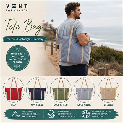 A promotional graphic for a VENT Tote Bag, featuring a man carrying a dusty blue tote bag on a beach path. The graphic includes text highlighting the bag's features (practical, lightweight, everyday) and its recycled ocean plastic origin.