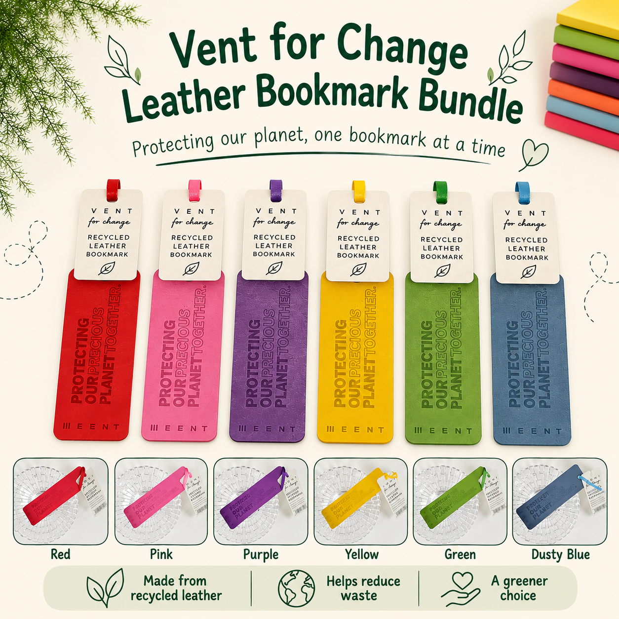 Vent for Change Leather Bookmark Bundle featuring six different colored leather bookmarks (red, pink, purple, yellow, green, and dusty blue) displayed in a row with their white paper tags. The image includes promotional text, small inset images showing the bookmarks in use, and feature icons at the bottom.